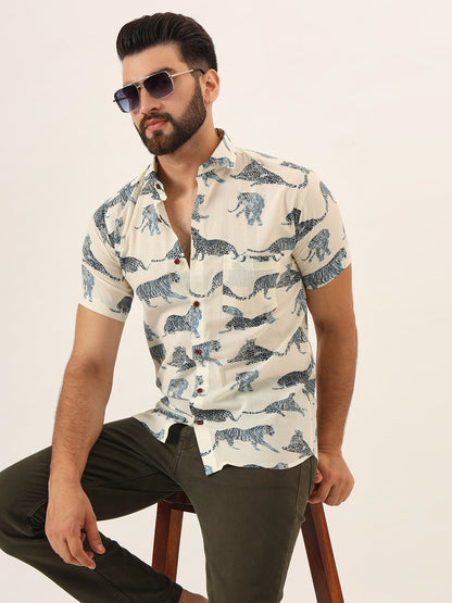 MEN  White blue Tiger Print Pure Cotton Regular Fit Casual Shirt