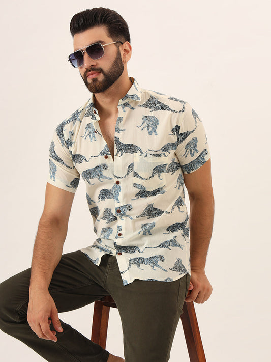 MEN  White blue Tiger Print Pure Cotton Regular Fit Casual Shirt