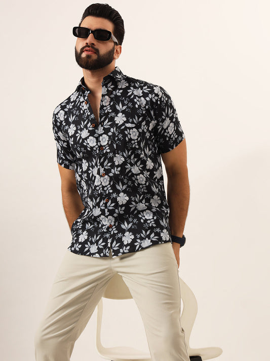 MEN Black Floral Print Pure Cotton Regular Fit Casual Half Sleeve