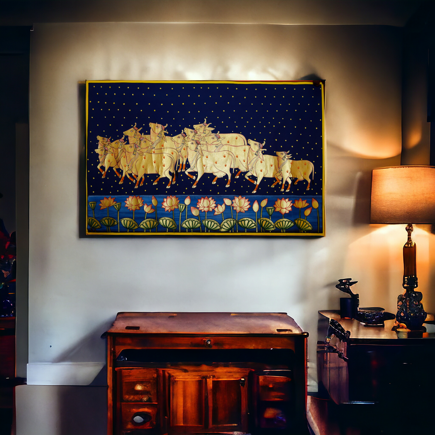 Golden Cow & Lotus Wall Traditional  Pichwai Painting