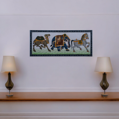 Handmade Royal Miniature Wall Painting of Camel , Elephant and Horse 109