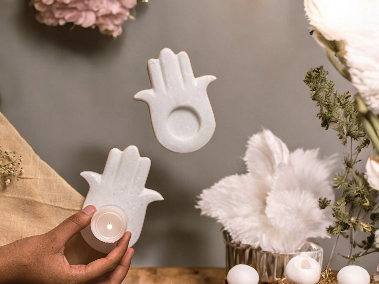 Marble Hamsa Hand Tealight Holder