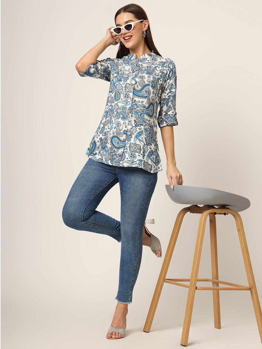 White & Blue Printed Rayon Fabric Shirt Style Top
