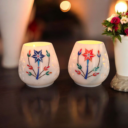 Heritage Blossom Inlay Marble Tea Light Holders