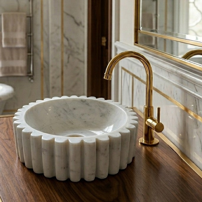 JJM-Fluted White Marble Round Basin