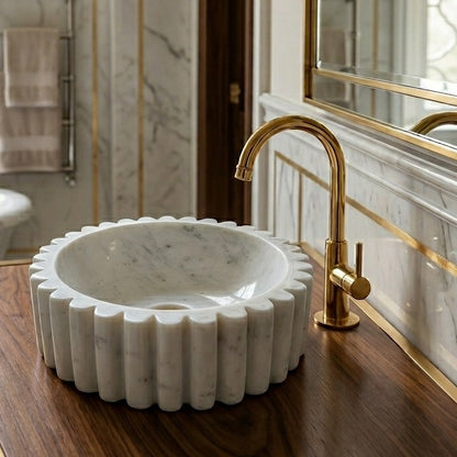 JJM-Fluted White Marble Round Basin