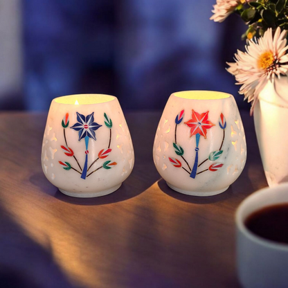 Heritage Blossom Inlay Marble Tea Light Holders