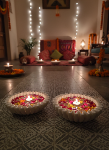 White Round Ruffle Marble Scalloped Bowl