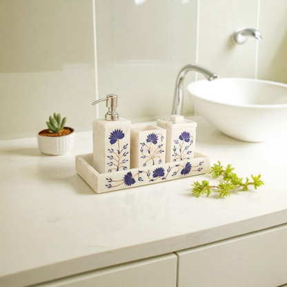 Blue Floral Inlay Marble Bathroom Dispenser Set