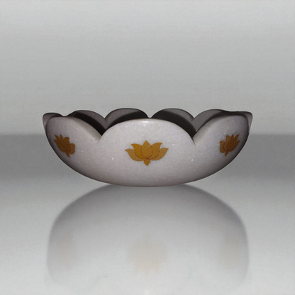 White Marble Scalloped Basin with Lotus Inlay Design