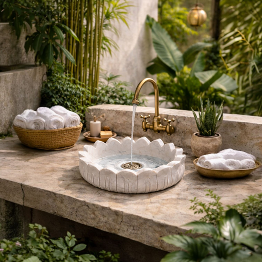 Petal Edge White Marble Wash Basin