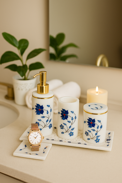Classic Floral White & Blue Marble Vanity Set