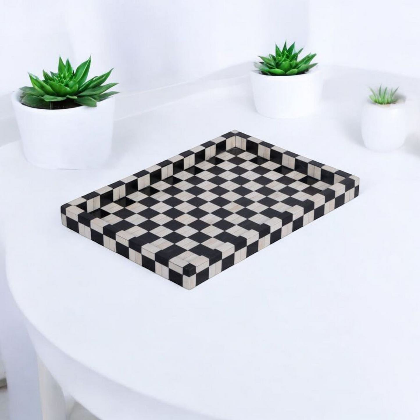 Black & White Checkerboard  Wooden Mother of Pearl Tray