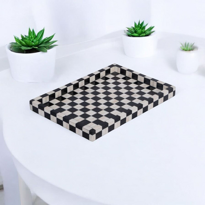 Black & White Checkerboard  Wooden Mother of Pearl Tray