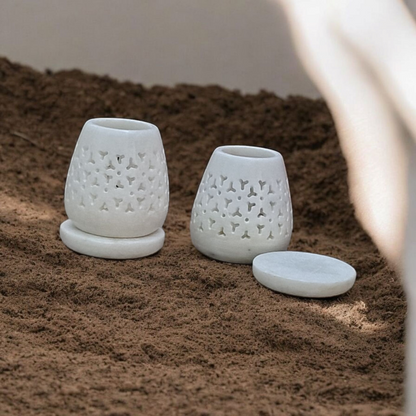 Soft Glow White Marble Stone Candle Holders  With Base