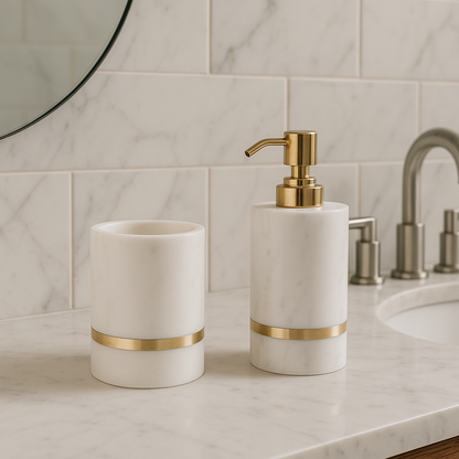 Elegant White Marble Soap Dispenser & Tumbler Set with Gold Band