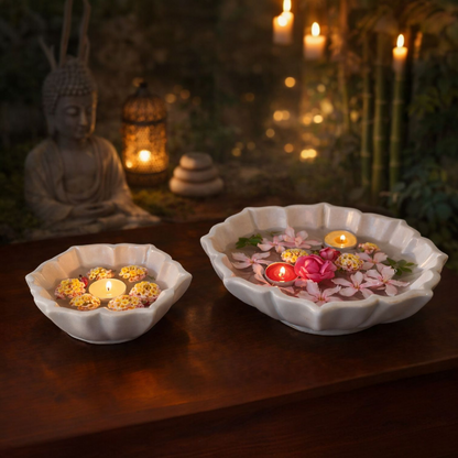 White Hand-Carved Marble Leaf Bowl (Small)