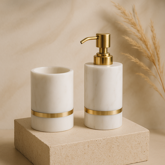 Elegant White Marble Soap Dispenser & Tumbler Set with Gold Band