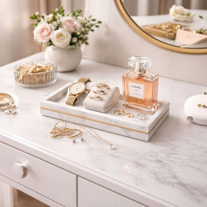 white marble organizer tray for vanity and bedside