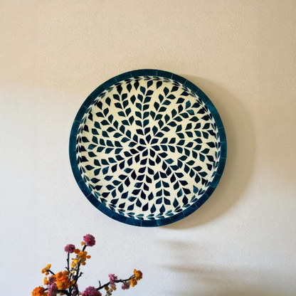 Blue Leaf Wooden Mother of Pearl Round Tray