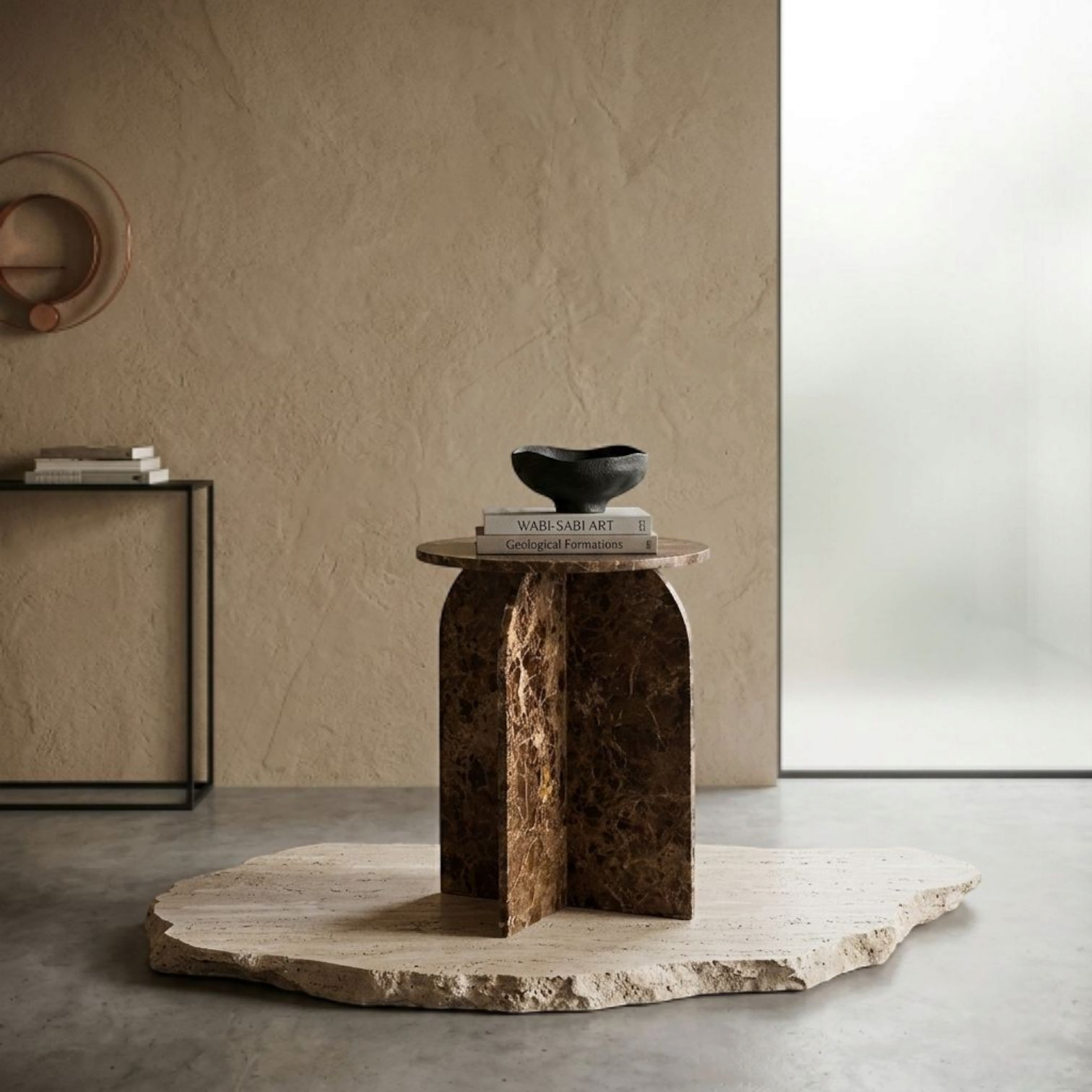 Round dark brown marble accent side table with pedestal base
