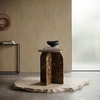 Round dark brown marble accent side table with pedestal base