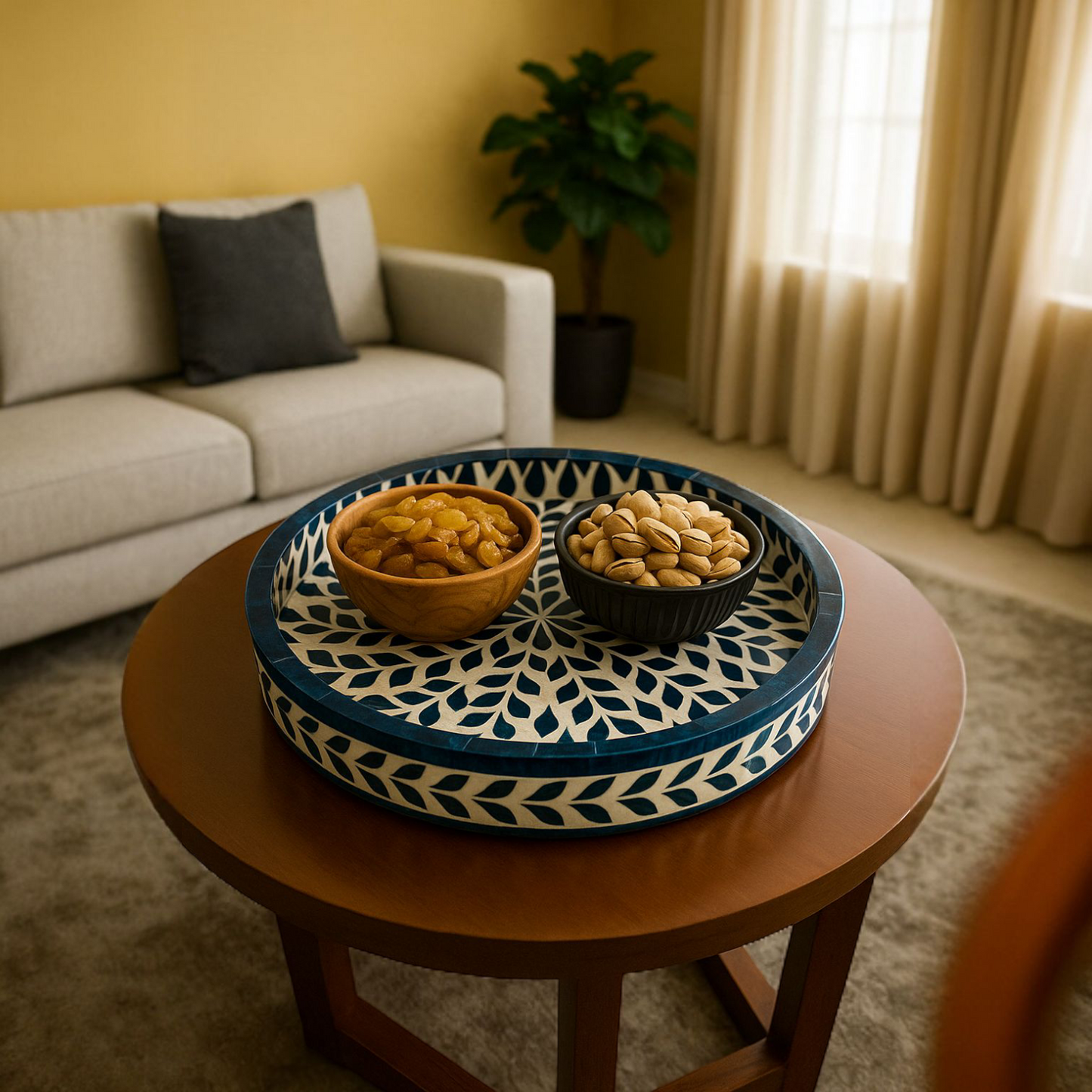 Blue Leaf Wooden Mother of Pearl Round Tray