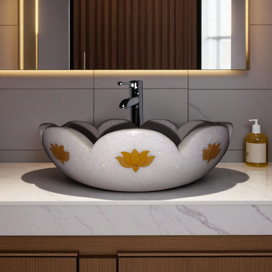 White Marble Scalloped Basin with Lotus Inlay Design