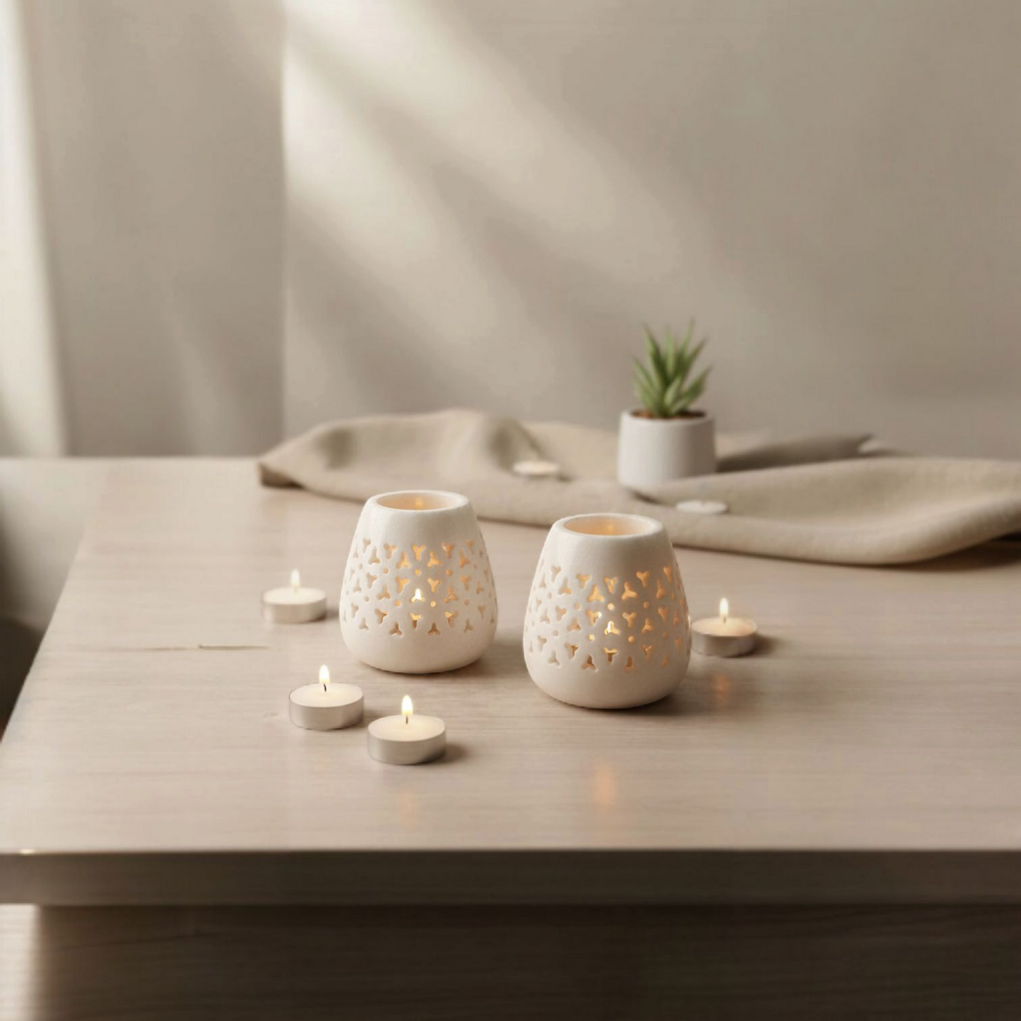 Ivory Glow Carved Marble Stone Tea Light Holders