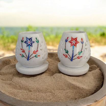 Mughal Garden Inlay Marble Tea Light Holders with Base
