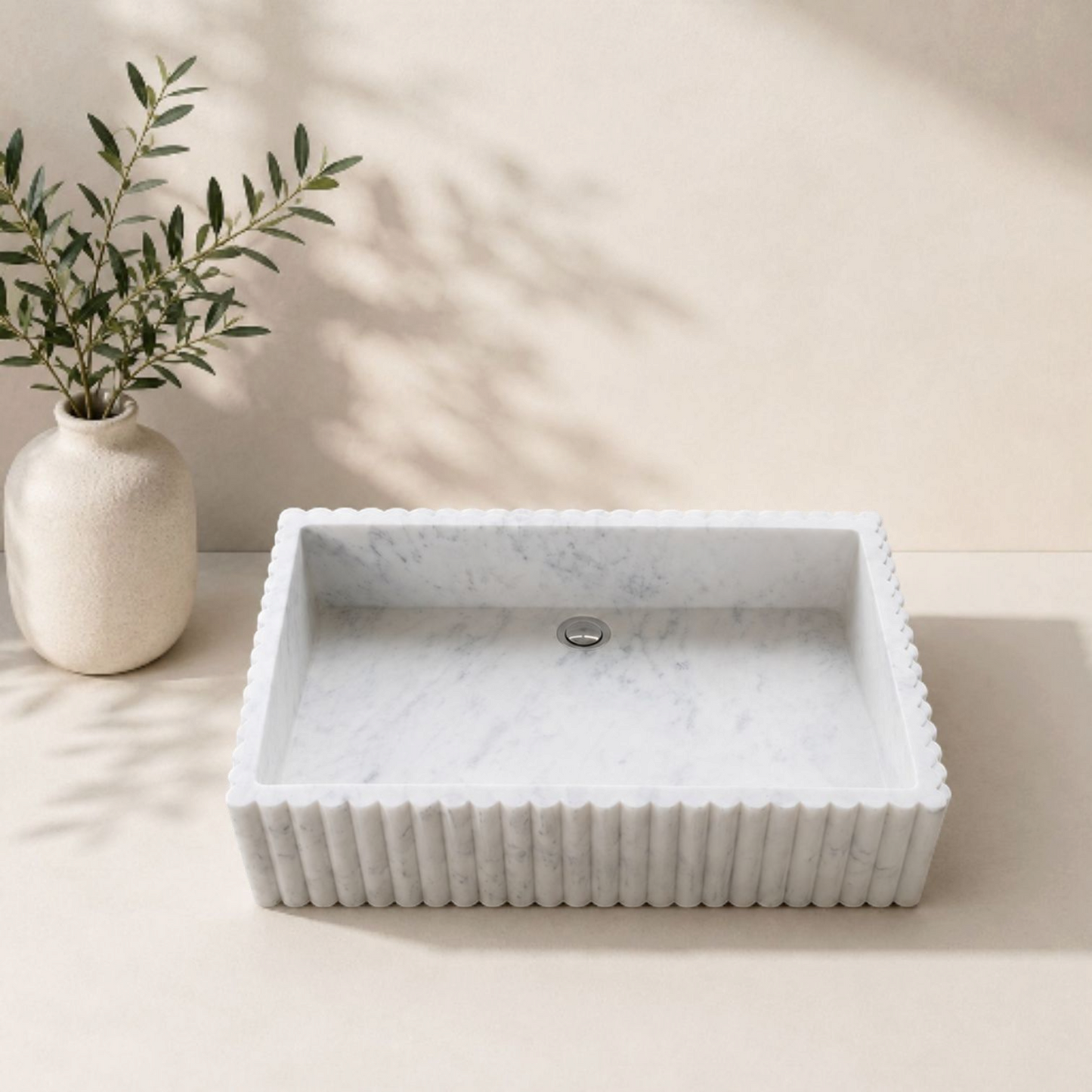 JJM-Luxury White Marble Fluted Rectangular Wash Basin Sink