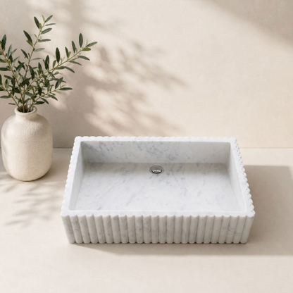 JJM-Luxury White Marble Fluted Rectangular Wash Basin Sink