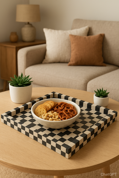 Black & White Checkerboard  Wooden Mother of Pearl Tray