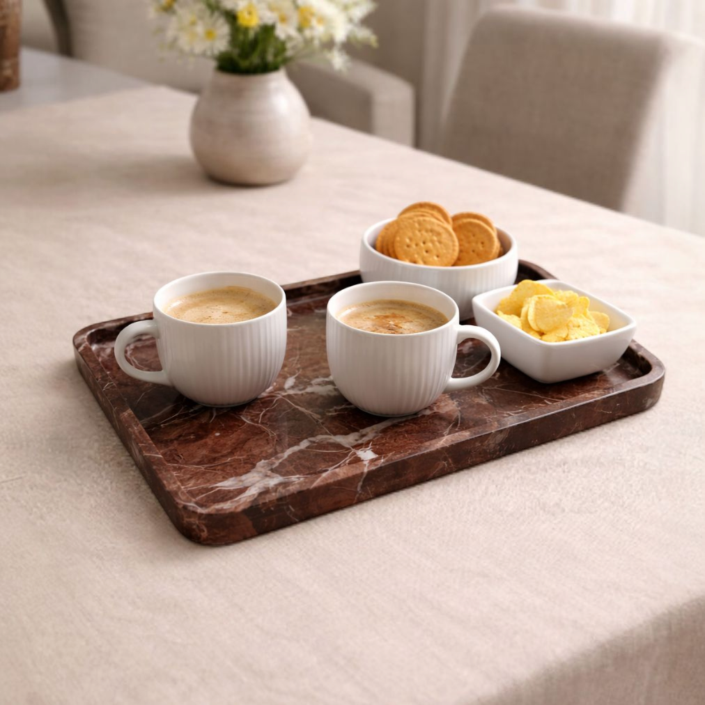 Red Levanto marble serving tray on dining table