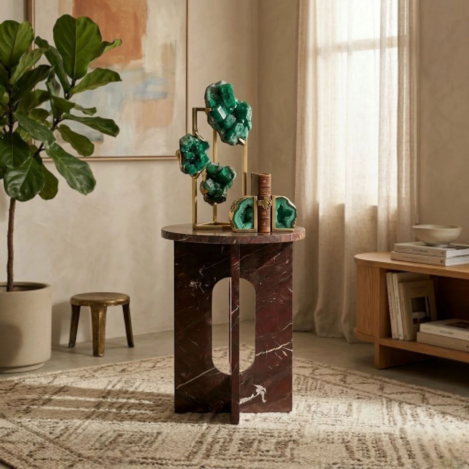 Luxury Brown Marble Accent Side Table for Living Room