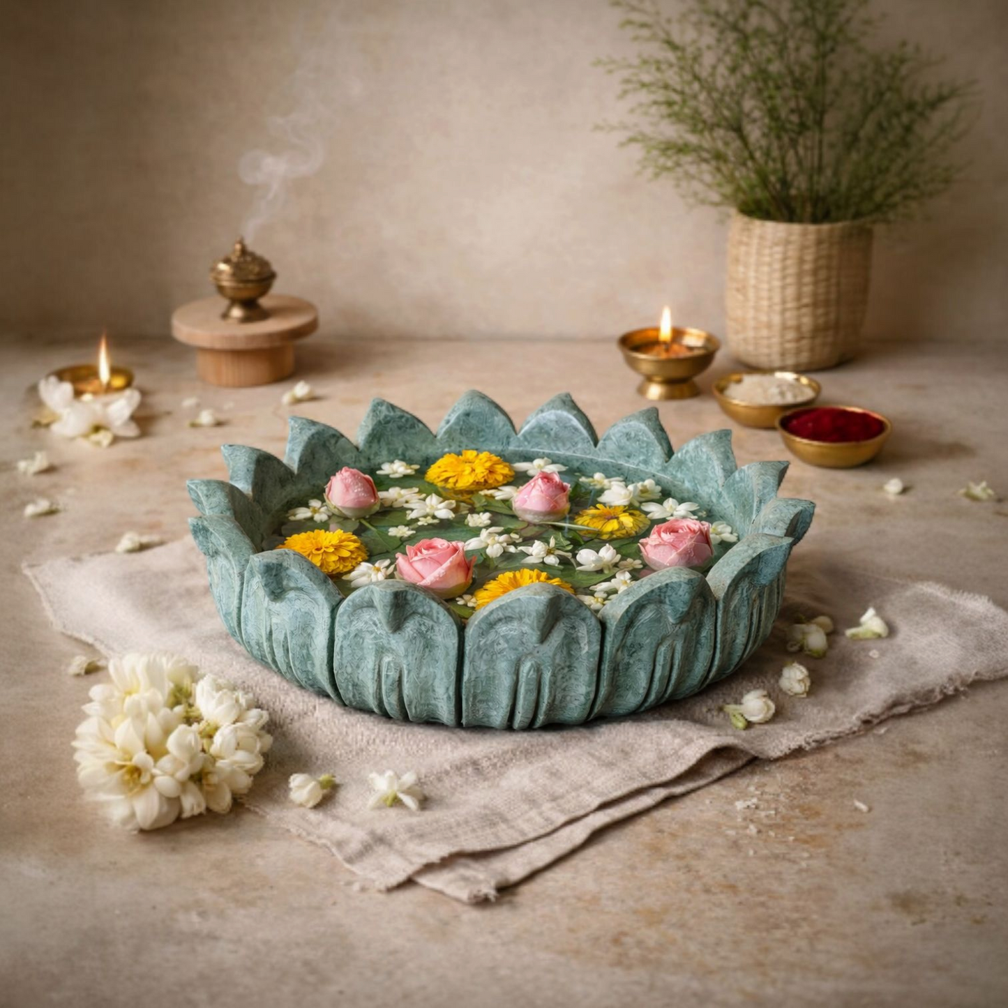 Sacred Bloom Decorative Green Marble Bowl