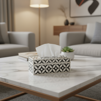 Mother of Pearl Tissue Box – Black & White Geometric Pattern