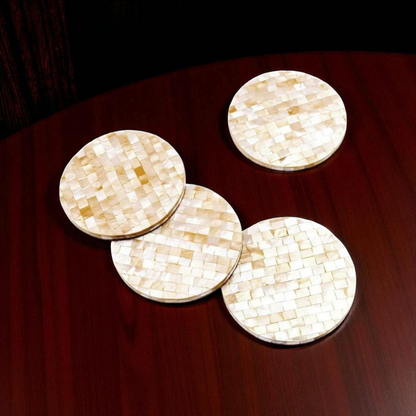 Mother of Pearl Round Wooden Inlay Coaster Set