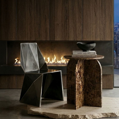 Round Brown Marble Accent Side Table | Modern Stone Furniture