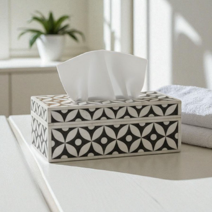 Mother of Pearl Tissue Box – Black & White Geometric Pattern
