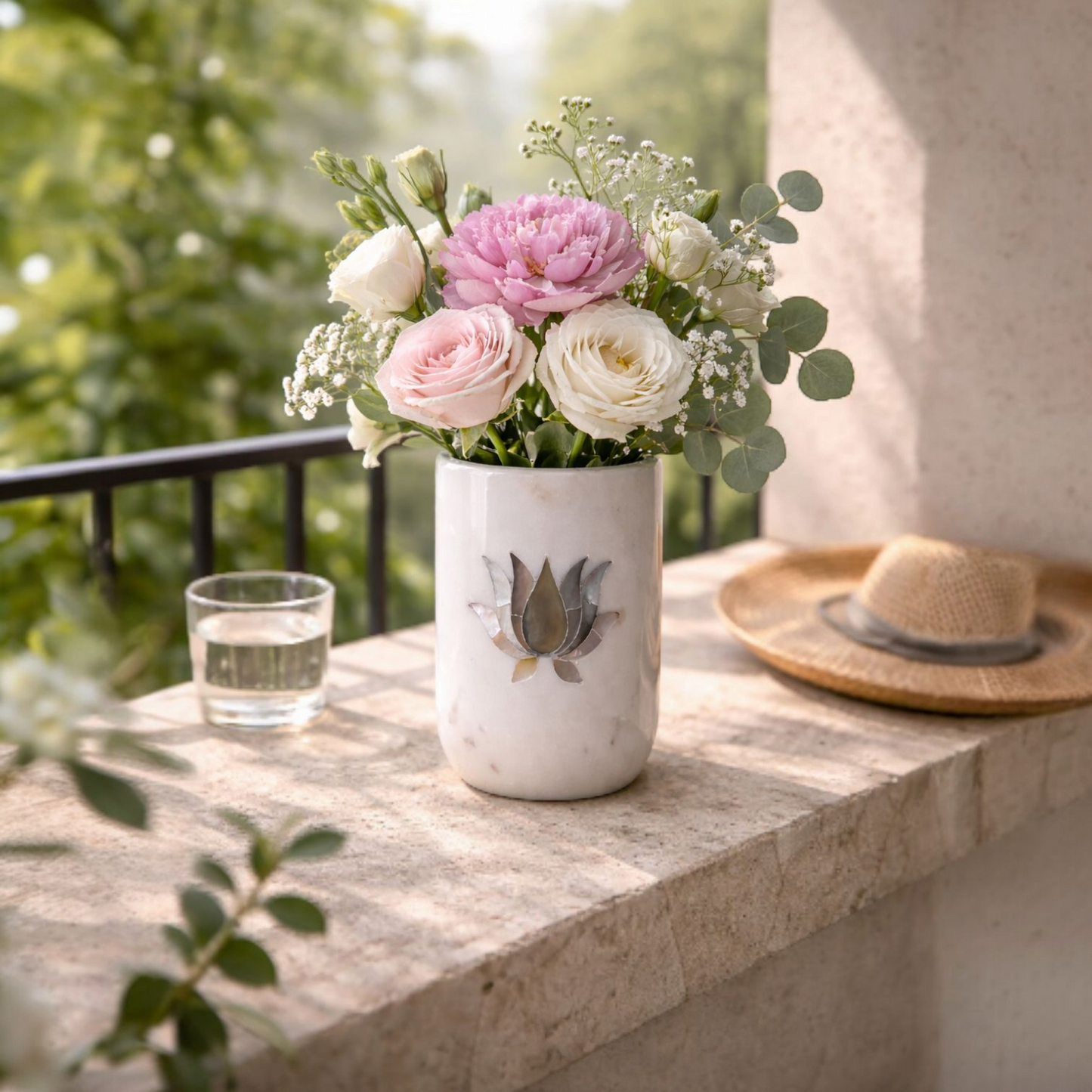 Royal Lotus Inlay Marble Vase/ Penstand