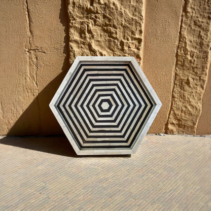 Illusion Hexagon Wooden Mother of Pearl Tray -BLACk