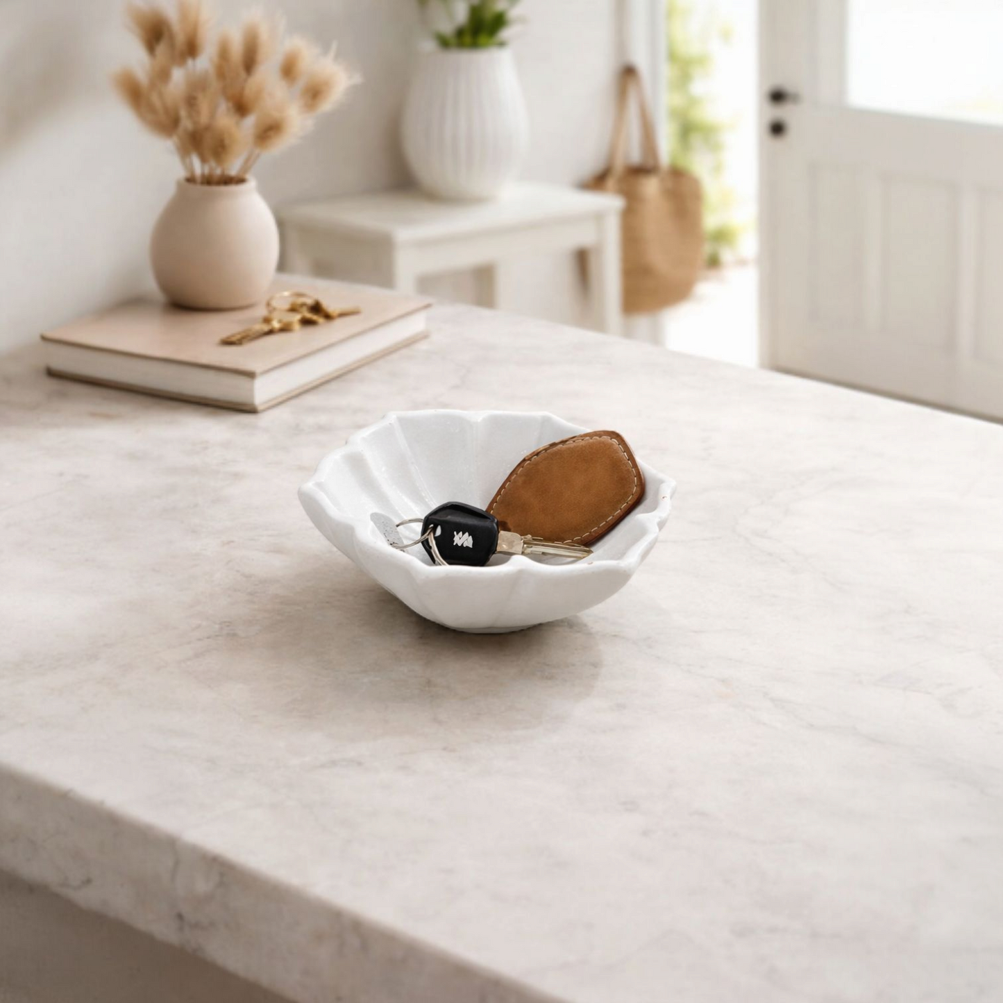 White Hand-Carved Marble Leaf Bowl (Small)