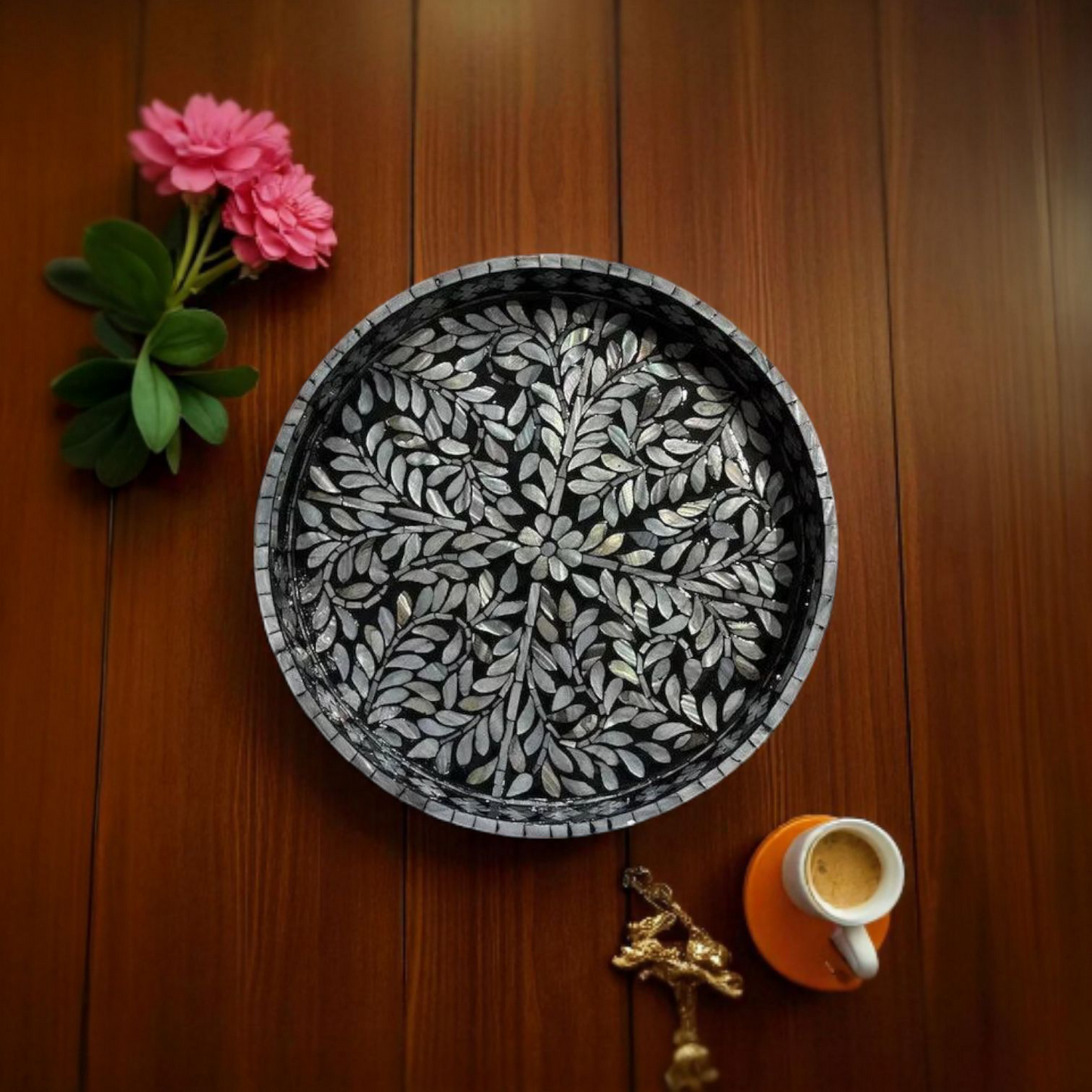 Lustrous Bloom Wooden Mother of Pearl Inlay Tray