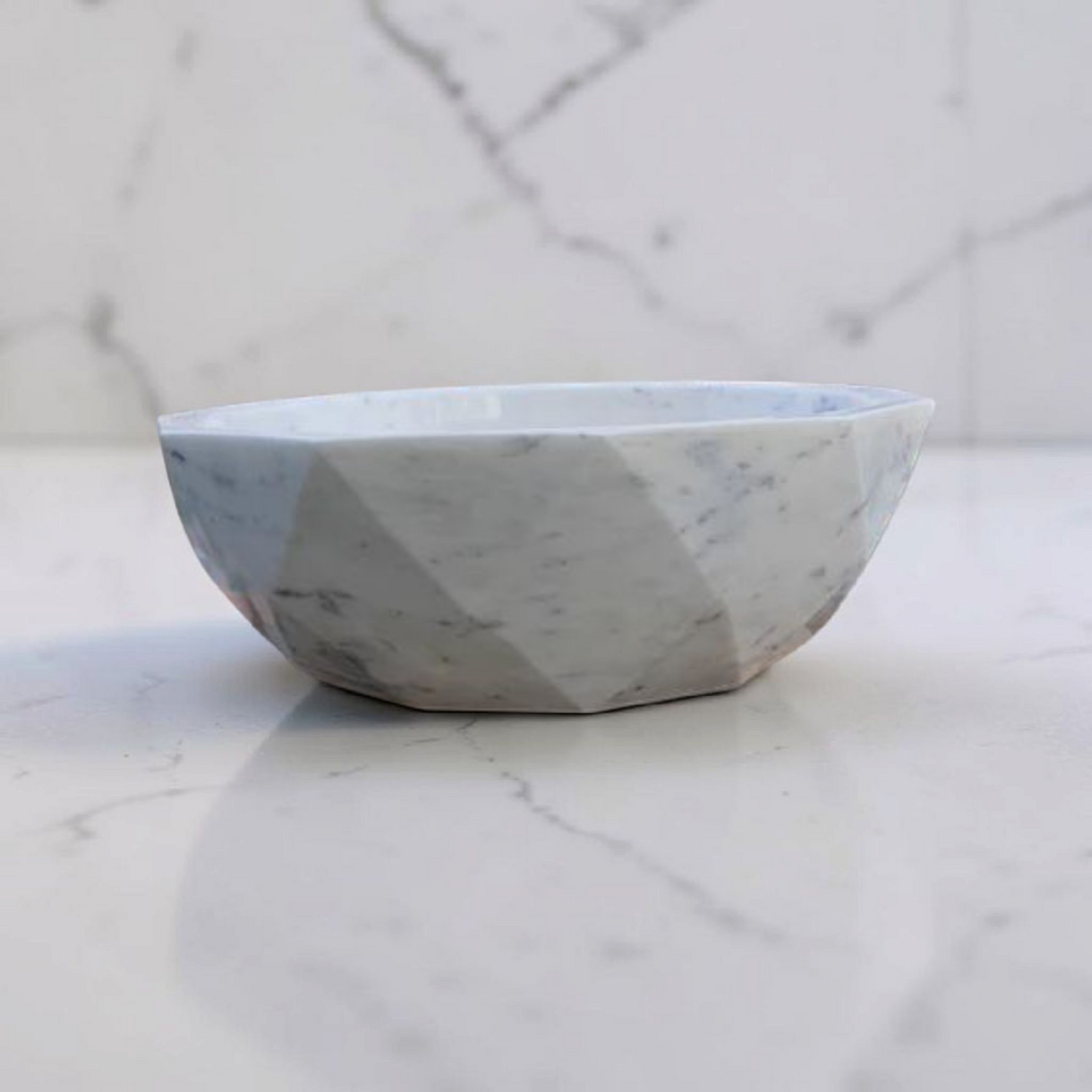 JJM-Luxury White Marble Faceted Wash Basin | Handcrafted Bathroom Sink | Premium Stone Vanity Bowl