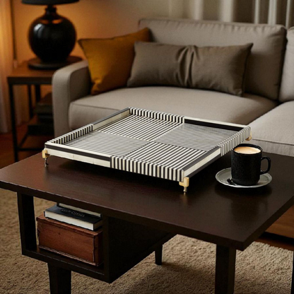 Striped Wooden Mother of Pearl Serving Tray