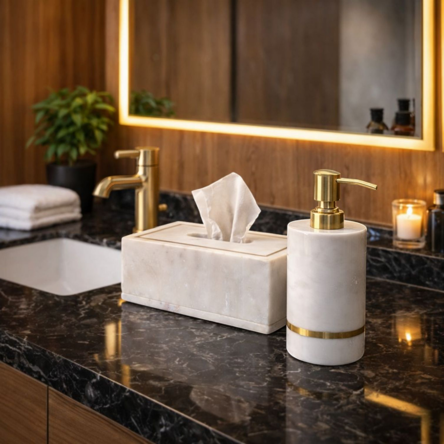 Premium White Marble With Brass Inlay Bathroom Combo