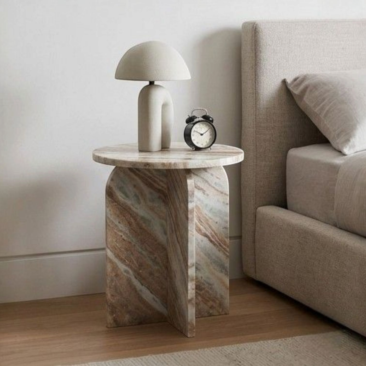 Luxury Beige Marble Pedestal Side Table for Living Room