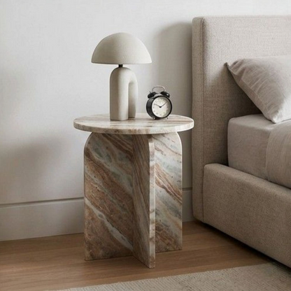 Luxury Beige Marble Pedestal Side Table for Living Room