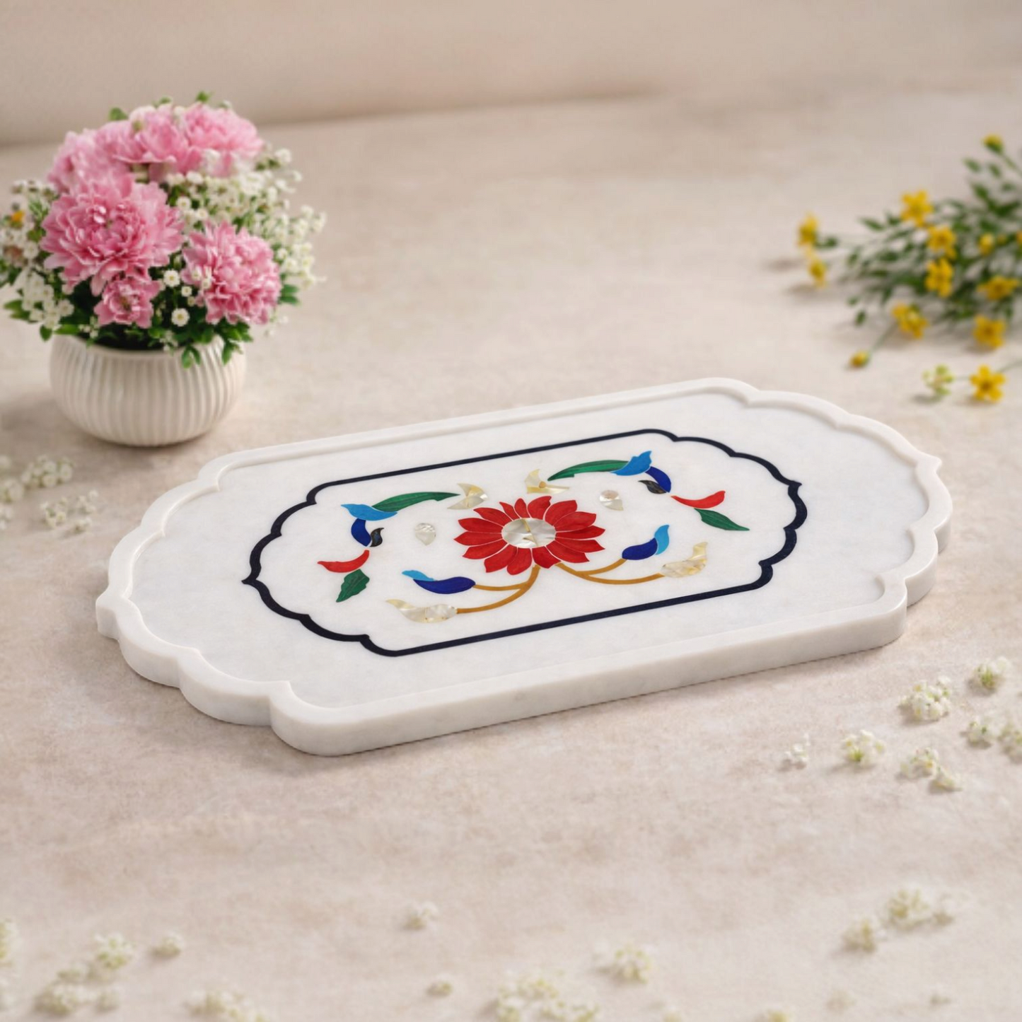 Mayura Floral Inlay Marble Tray